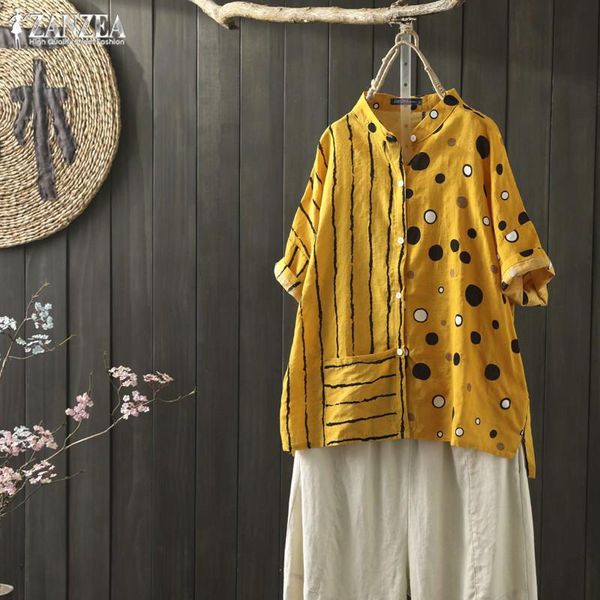 

zanzea 2020 fashion printed tunic women's striped blouse summer casual patchwork blusas mujer female short sleeve button shirts, White