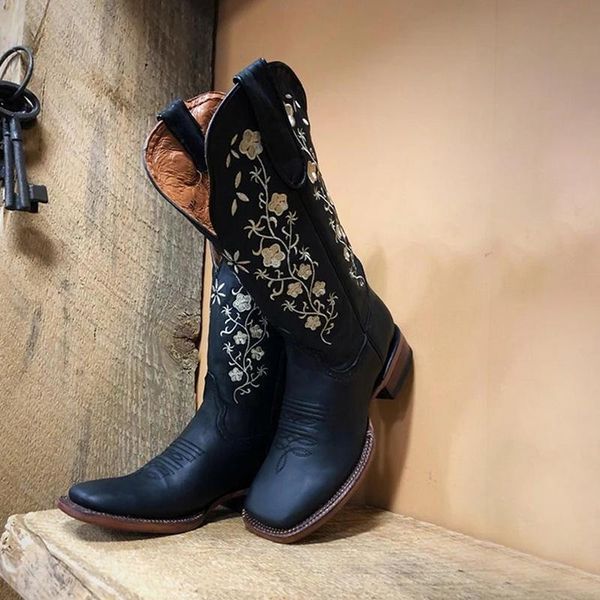 

women boots floral embroidered western boots 2020 warm cowgirl ankle knee high riding vintage outdoor shoes women, Black