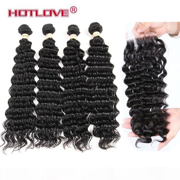 

brazilian human hair weave 4 bundles with lace closure 8-28 inch remy deep wave human hair 5 pcs lot ove hair, Black