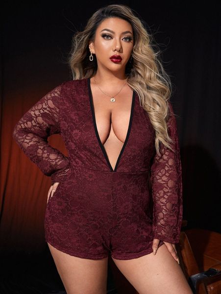 

plus plunging neck contrast binding lace romper without panty n6vq#, Black;white