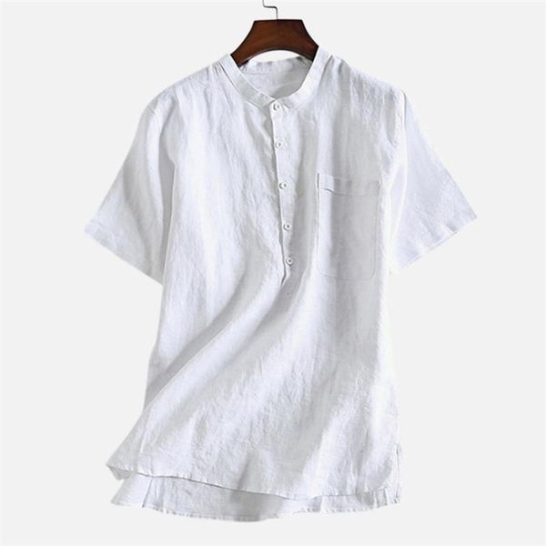 

2020 new arrivals shirt fashion summer men breathable solid color button linen shirt five-point sleeve1, White;black