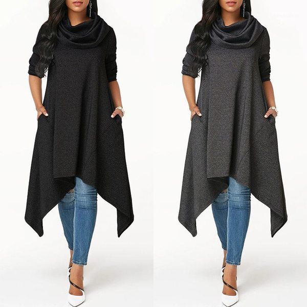 

zanzea women long sweatshirt 2019 retro turtleneck collar hoodies sweatshirts asymmetric hoodie dress pockets sudadera pullover1, Black
