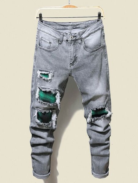 

men slant pocket ripped patched jeans e6es#, Blue