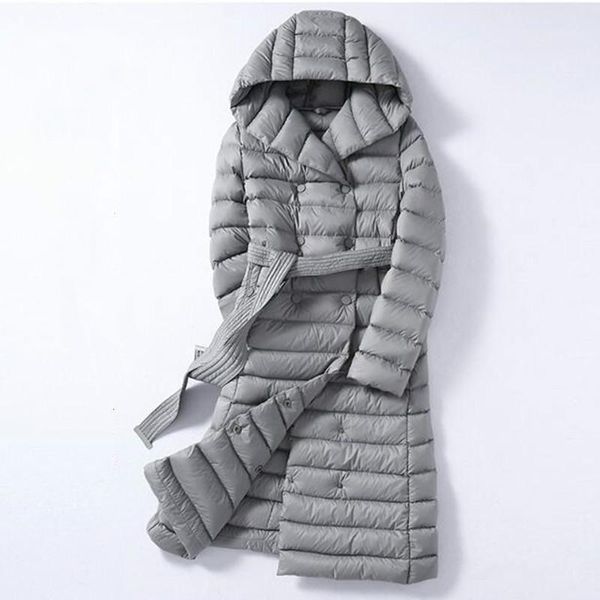 

winter plus size down coat women warm ultra light medium long white duck down parkas female slim with belt hooded coat outwear1, Black