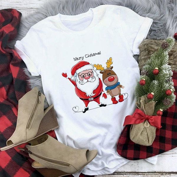 

2021 new women t shirt harajuku short sleeve kawaii santa claus and reindeer casaul oversize t-shirt female merry christmas, White