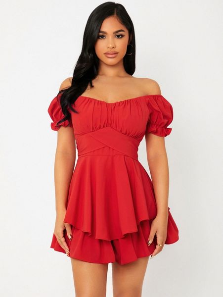 

petite off shoulder ruched bust puff sleeve layered hem romper w4b9#, White