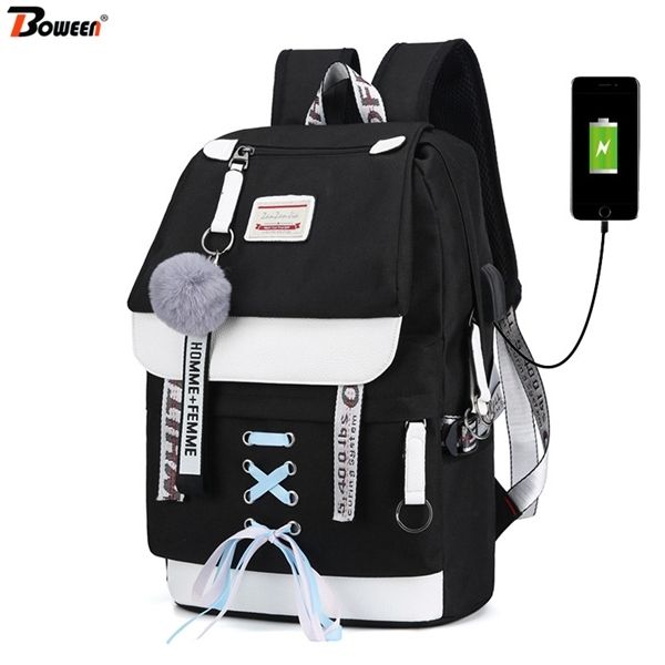

canvas usb school bags for girls teenagers backpack women bookbags black 2019 large capacity middle high college teen schoolbag 1031