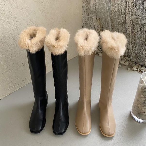 

dxfan fluffy fur warm winter long knee boots women round toe fur inside botas mujer elegant solid snow boots women1, Black