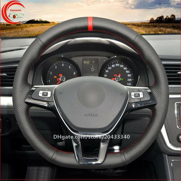 

hand-stitched black leather car steering wheel cover for volkswagen touran 2015