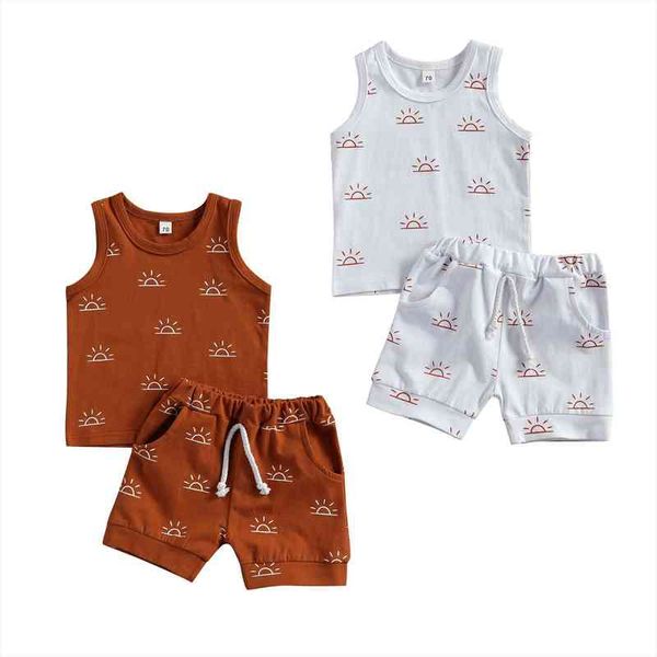 

wallarenear 0-3years toddler baby boy girl 2 colors clothes sets sun print sleeveless pullover vest shorts 2pcs outfit, White