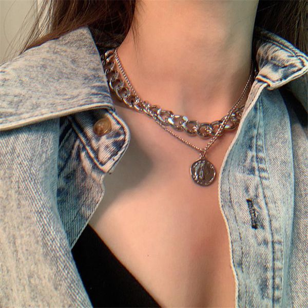 

женский подвеска короткого trendy монеты голова для толстого ожерелья accessorie layered женщин vintage chain punk new ювелирных изделия tse, Golden;silver