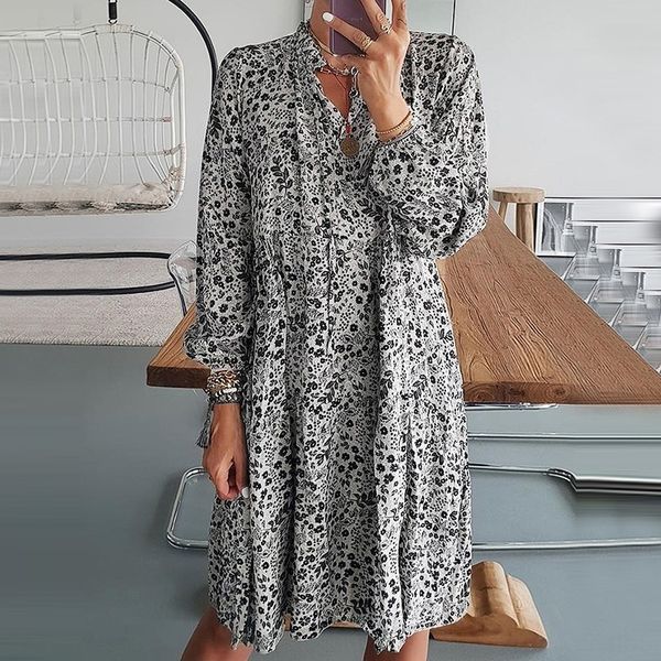 

dzktk autumn sleeve new sleeve v-neck print dress autumn 2020 new print v-neck 2020 dress long skirt long skirt htnz0, Black;gray