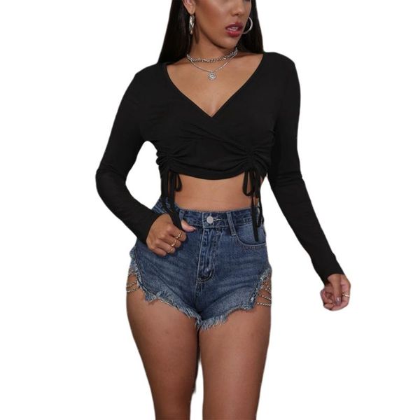 

women shirts fashion v-neck long sleeve lace-up solid color crop for girls ladies autumn spring clothes, White