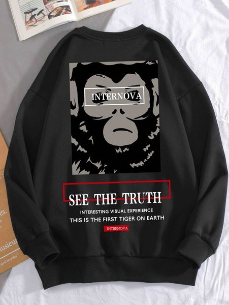 

men slogan & monkey print drop shoulder sweatshirt p9oe#, Black