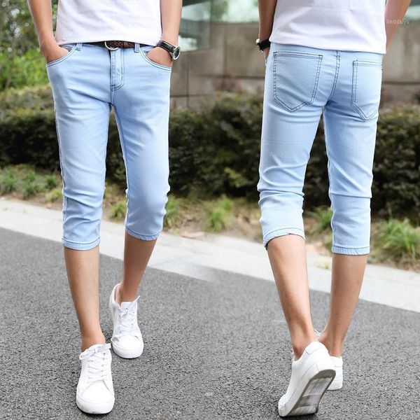 

summer thin slim short jeans men stretch 7 seven points ankle length straight pencil pants trend skinny casual denim shorts1, Blue