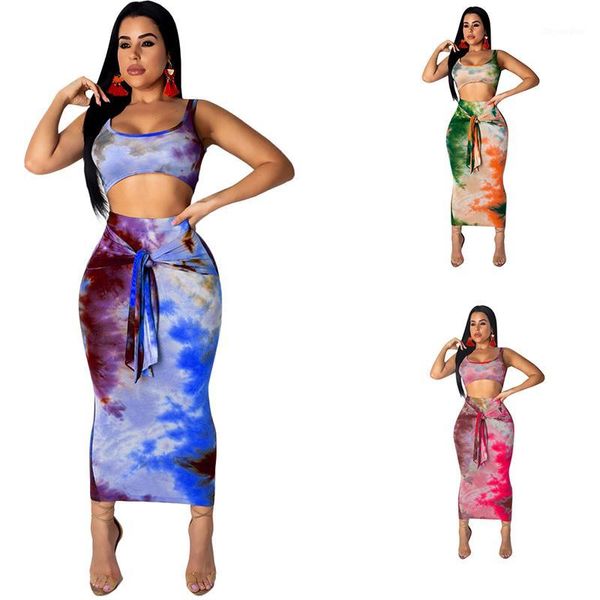 

summer women suit tie dye printed tank sets shortened bandage skirts for beach1, White