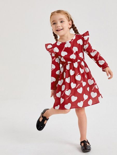

toddler girls heart print ruffle trim dress she02, Red;yellow