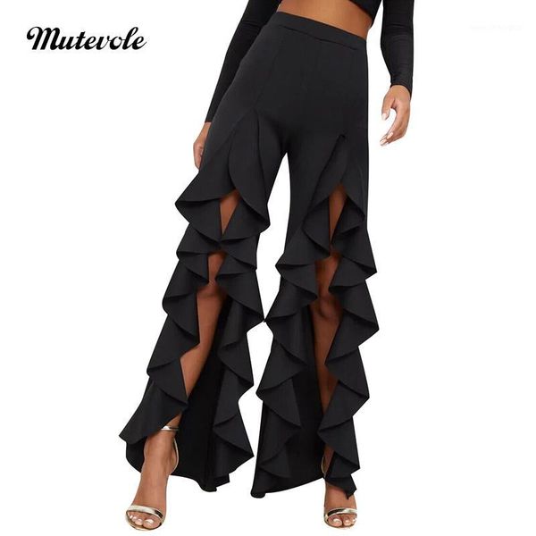 

mutevole flare ruffle pants women irregular wide leg waist high split solid color casual loose trousers1 women's & capris, Black;white
