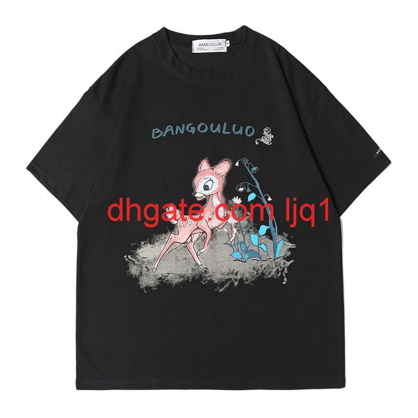 

cartoon printed short sleeve t-shirt men's fashion brand round neck quarter sleeve street trend loose sleeve, White;black