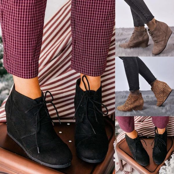 

boots fashion women suede wedges lace-up solid color short booties round toe shoes, Black
