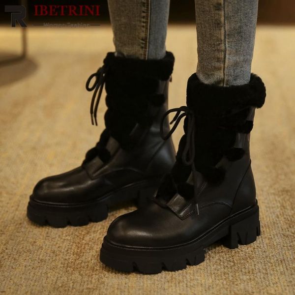

boots ribetrini brand skidproof sole for outdoor warm fur genuine leather snow stylish winter shoes women, Black