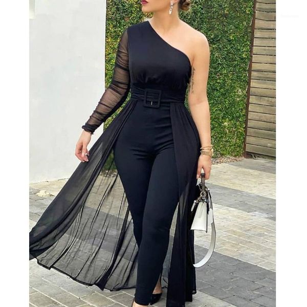 

new fashion women jumpsuit one shoulder plain sheer mesh jumpsuit1, Black;white