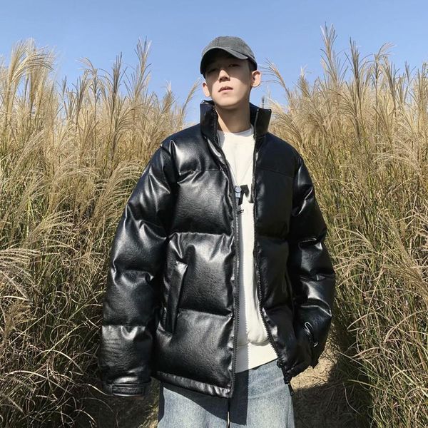 

men's down & parkas winter warm pu leather cotton padded clothes lovers stand collar fashion, Black