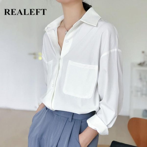

realeft new 2020 autumn pockets white formal women's blouse long sleeve office lady shirts elegant female loose blouse korean