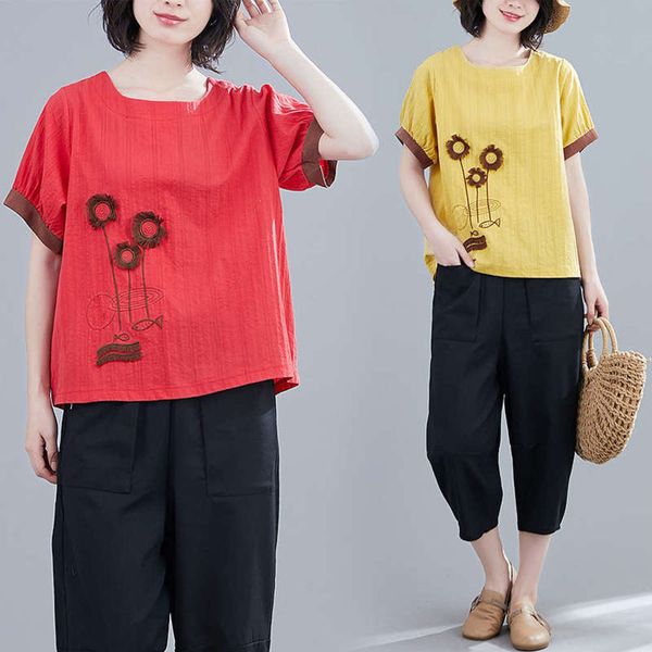 

national women's 2020 style cotton summer hemp embroidery loose thin short sleeve t-shirt for women, Black;gray