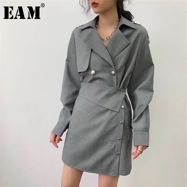 

[eam] women gray button irregular split joint dress new lapel long sleeve loose fit fashion tide spring summer lj200818, Black;gray