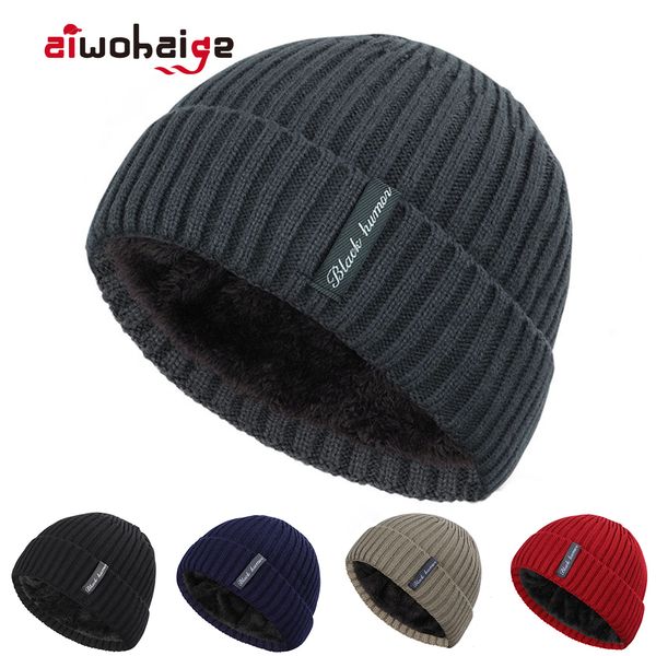 

new fashion winter plus velvet thick warm knit hat women men solid color casual beanies soft cap bonnet cotton, Blue;gray