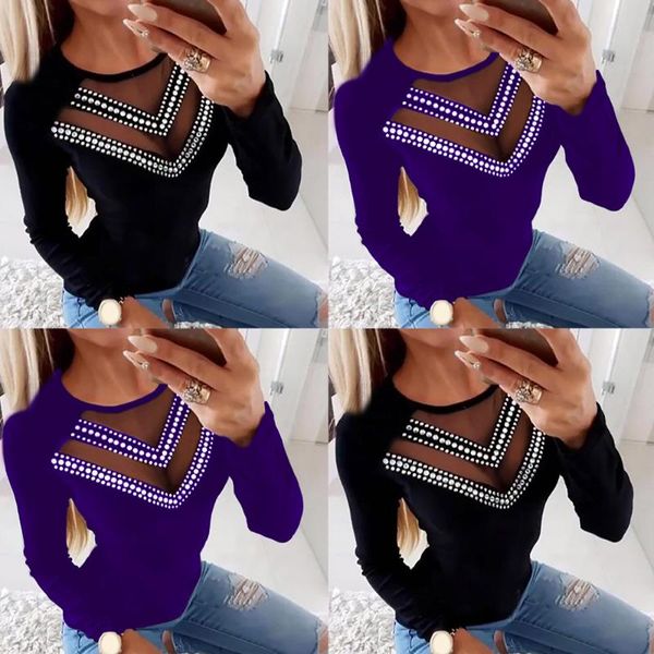 

women's blouses & shirts bottoming shirt coat round neck splicing lace mesh stitching hollow beading long-sleeved top, White