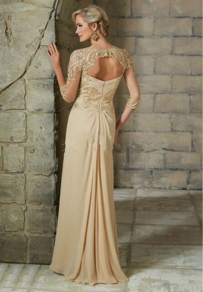 Champagner-Spitze-Mutter der Braut-Kleider, bodenlang, Falten, Perlenapplikation, Partykleid, 3/4-lange Ärmel, Chiffon, für Hochzeitsgäste, G256H