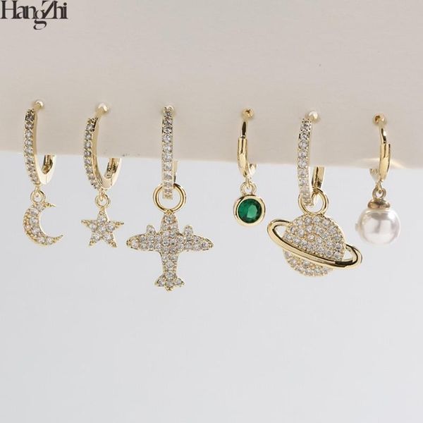 

hangzhi 2020 new 6pcs/set korean cute small shiny plane planet star moon pearl rhinestones pendant hoop earrings for women, Golden;silver
