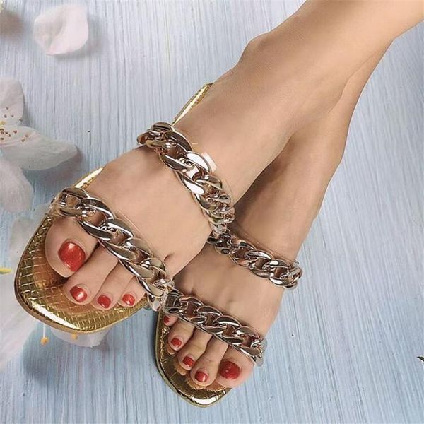 

summer new style women's slippers chain transparent pvc flat bottom large size slippers women's shoes outer wear flip flops, Black