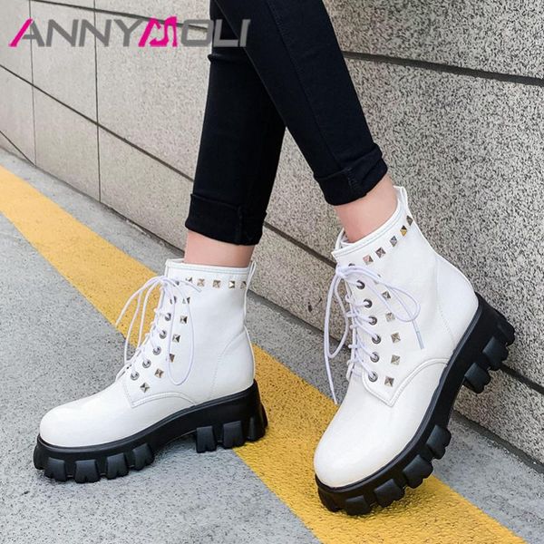 

annymoli ботильоны высокой пятки женщина boots платформа толстые пятки заклепка узелок короткие женщины осень зима белый 33-46, Black