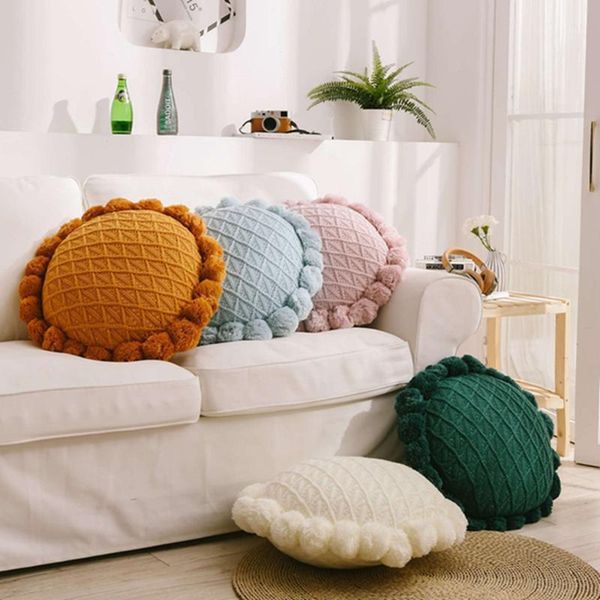 

knitting sun flower pompoms cushion round throw sofa pillow yoga mat hand rests kids room decoration1