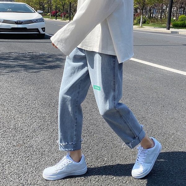 

2020 summer new men's thin capris korean loose straight jeans simple jeans pantswide pants leg pantssolid color wide leg pants 974z3, Blue
