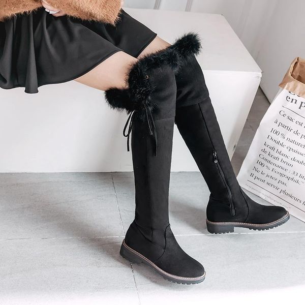 

boots winter style warm genuine leather knee high snow women non-slip true fur shoes, Black
