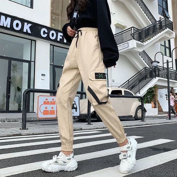 

high-waisted 2021 new women cargo loosen streetwear woman's elastic waistband jogger pant plus size pants sv26, Black;white