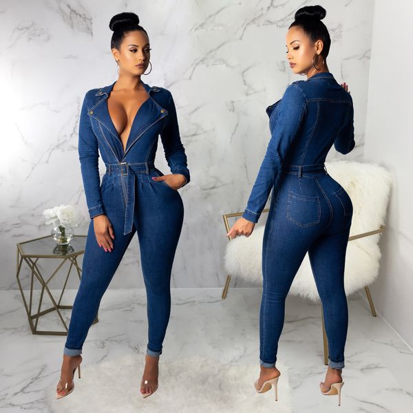 

denim jumpsuit women long sleeve front zipper jeans rompers women jumpsuit with sashes plus size belted streetwear overal, Black;white