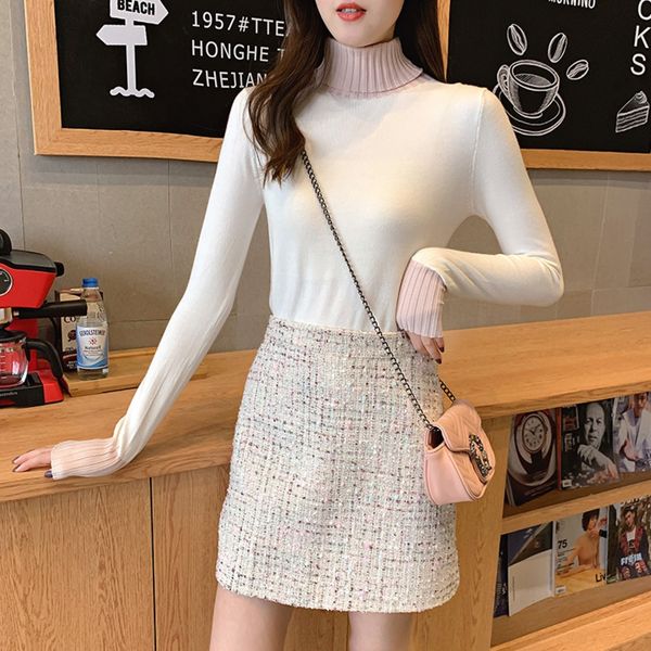 

autumn new korean high neck sweater pullover pullover pullovert-shirt pulloverfor women's fashionslim fit and slim long sleeve bottomed, White;black