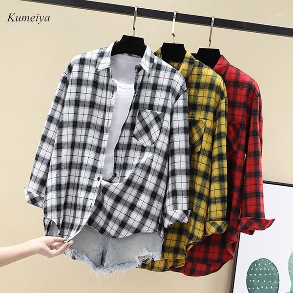

new women plaid blouses long sleeve shirts retro cotton loose checked shirt casual female casual autumn outwear1, White