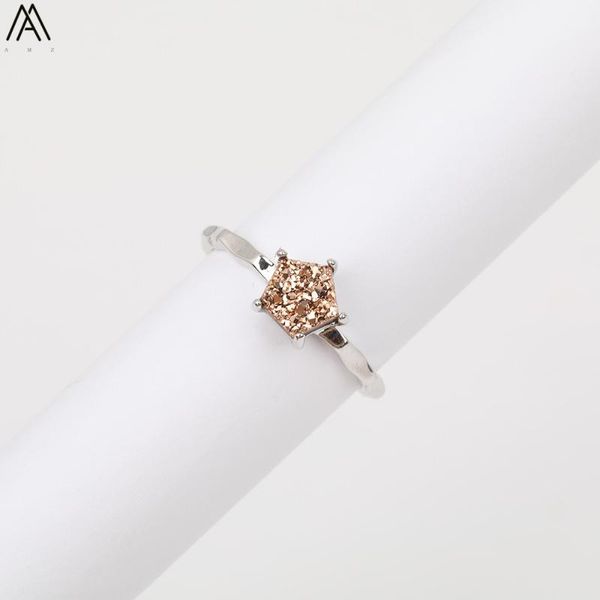 

wedding rings 5pcs/lot natural druzy geode agates pentagon beads silvery for women drusy crown-shape fashion jewelry hs-59amab, Slivery;golden