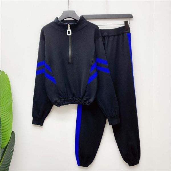 

women's tracksuits 2021 casual autumn winter knitted tracksuit women wide legs pants suit zipper long sleeve pullovers sweater elastic, Gray