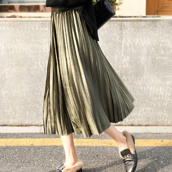 

summer skirts womens long metallic silver maxi pleated skirt midi skirt high waist elascity casual party skirt vintage plus size 201111, Black