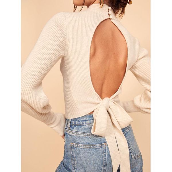 

2020 summer new open back sweater top, White;black