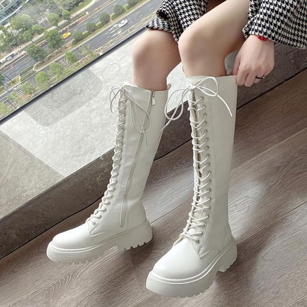 

low heel knee high shoes elegant autumn brand platform women boots 2020 lace-up high boots winter shoes women, Black