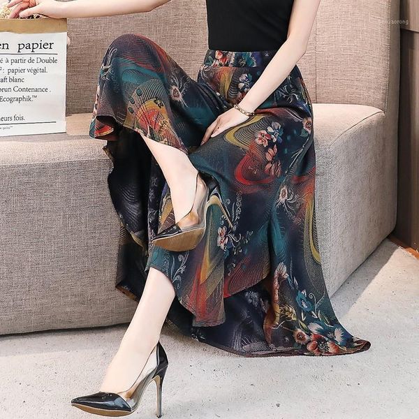 

summer middle aged women pants high waist large size national style women's wide leg pants lady cotton silk printed skirt1, Black;white