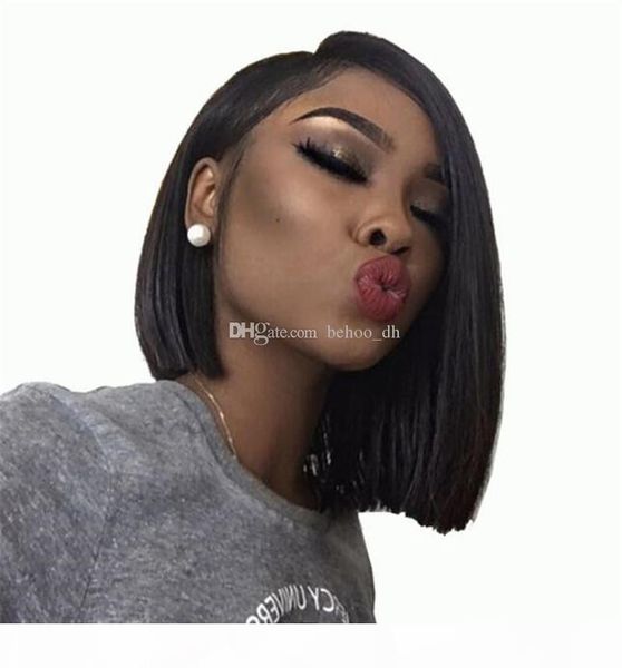 

pre plucked short bob full lace human hair wigs for black women straight brazilian non-remy hair 130density middle part, Black;brown